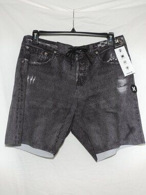 NWT Hurley Mens 34 Board Shorts Black 7” Inseam Stretch Swimsuit No Mesh Liner